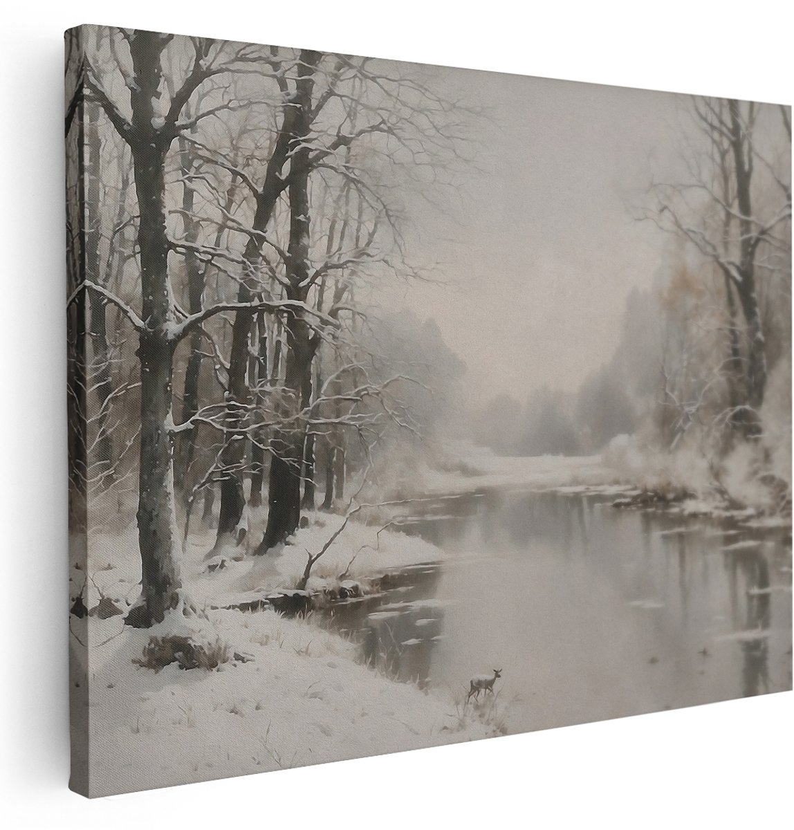 Artaza Canvas Schilderij Landschap - 160x120 cm - Groot - Wanddecoratie Hert - Muurdecoratie Besneeuwd Bos - Decoratie Natuur - Kamer Accessoires