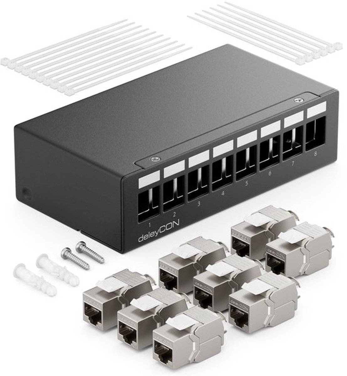 Patchpaneel Set - Netwerk Verdeelpaneel - Netwerk Bekabeling - 8 Poorts CAT7 - 1 HE - Zwart