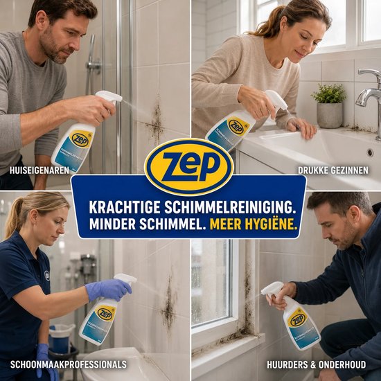 Vier afbeeldingen van mensen die Zep schimmelreiniger gebruiken in badkamers en bij ramen.