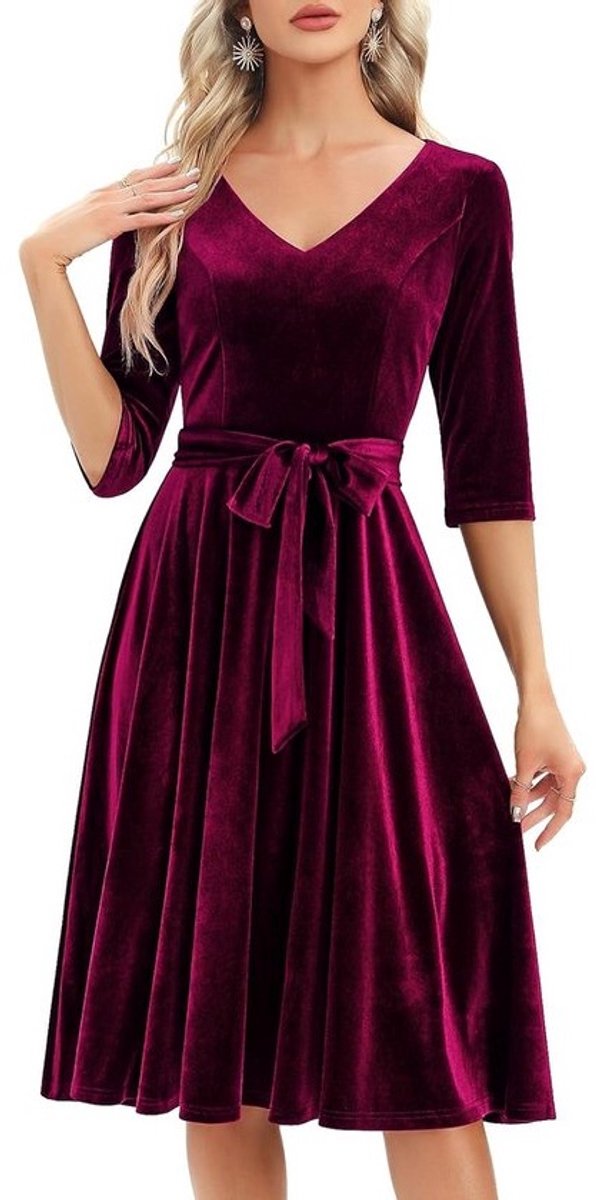 Vrouwen Jurk Casual Vintage Midi Cocktailjurk met V-hals en Zakken