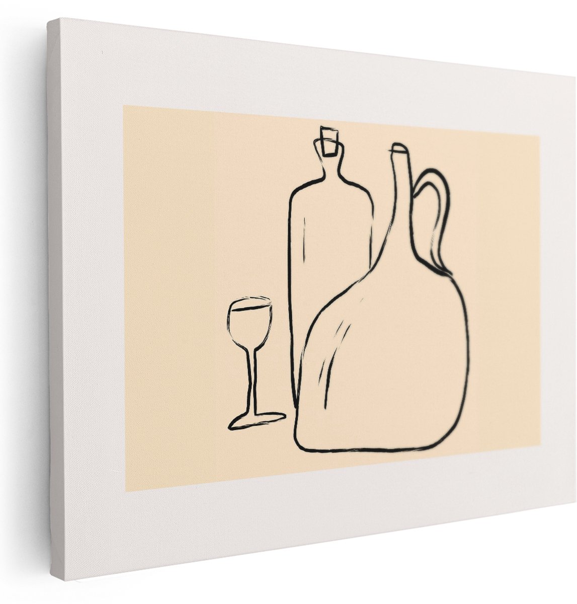 Artaza Canvas Schilderij Fles En Glas - 160x120 cm - Groot - Wanddecoratie Minimalistisch - Muurdecoratie Stilleven - Kamer Accessoires Beige