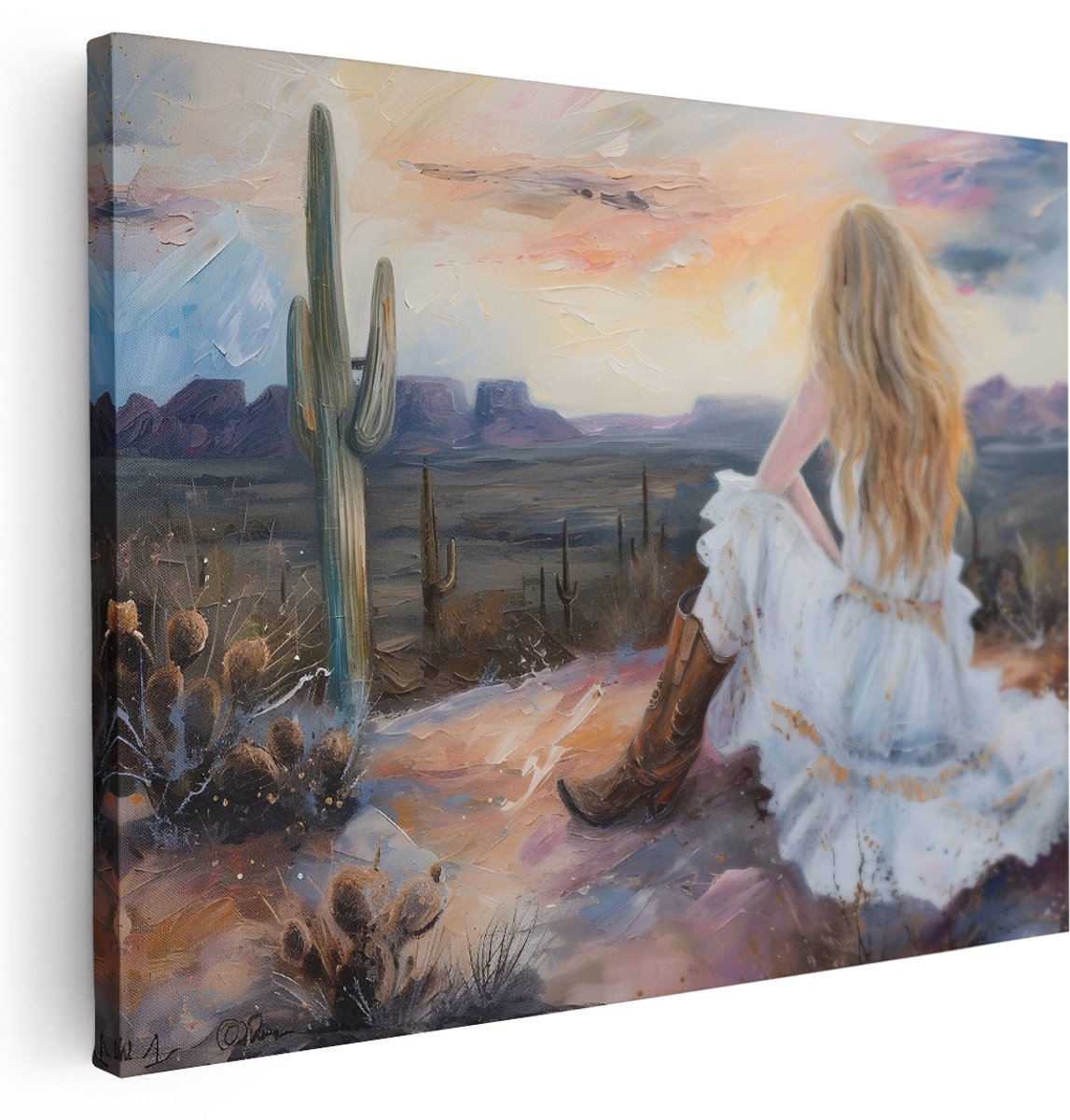 Artaza Canvas Schilderij Landschap - 160x120 cm - Groot - Wanddecoratie Woestijn Cactus - Muurdecoratie Vrouw Witte Jurk - Boho Kamer Accessoires