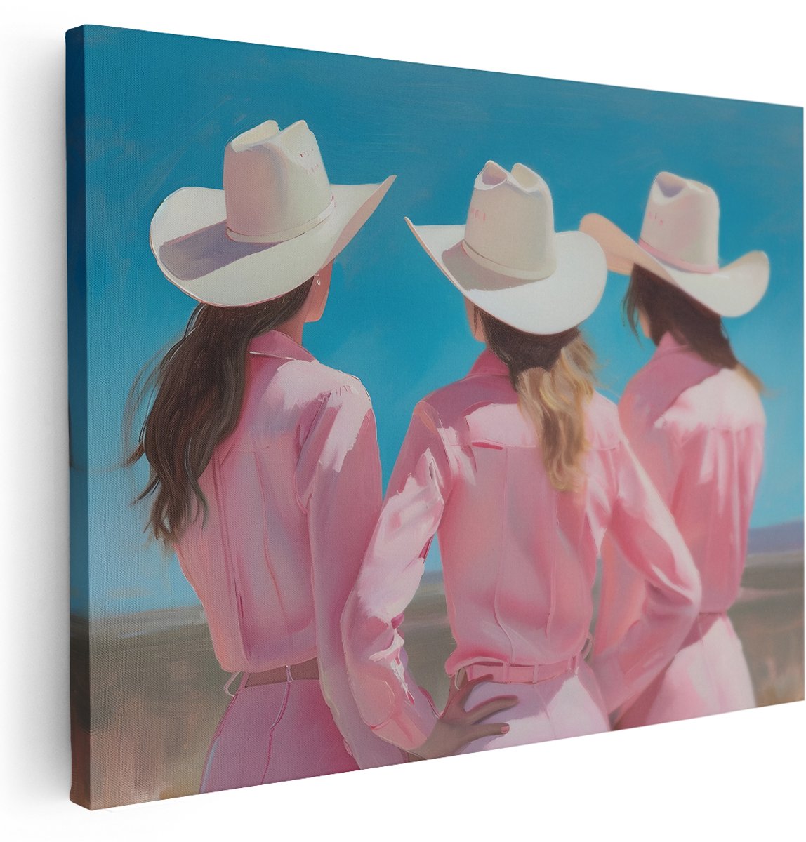 Artaza Canvas Schilderij Vrouwen - 160x120 cm - Groot - Wanddecoratie Cowgirls - Muurdecoratie Western Portret - Schilderijen Op Canvas - Roze