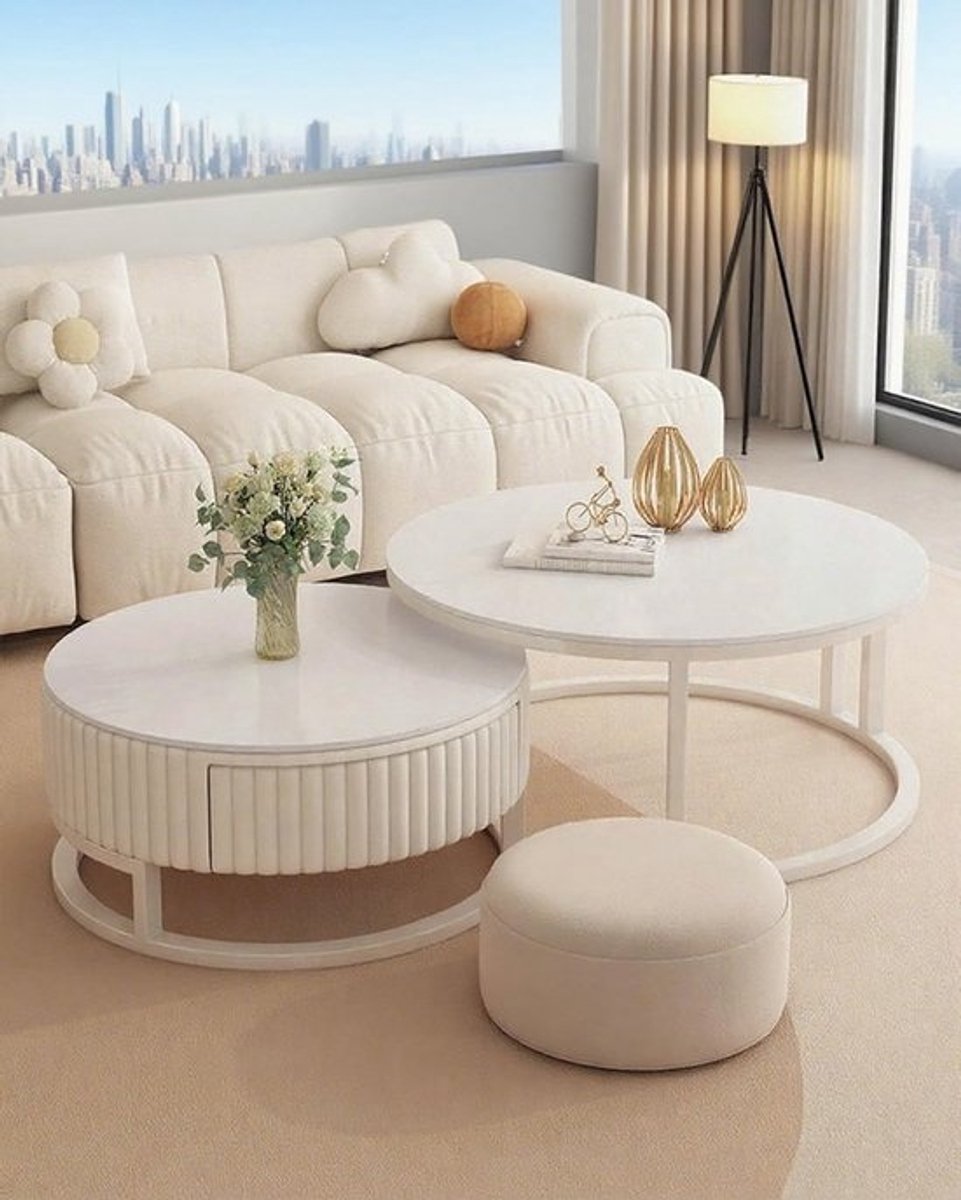 Set van 2 Moderne Ronde Salontafels Wit - Nestbaar en Inschuifbaar - Woonkamer & Balkon