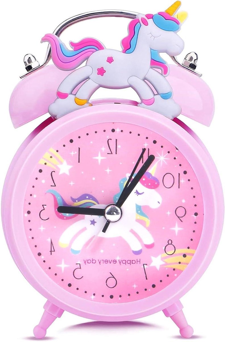 Kinderwekker Eenhoorn - Stille wekker - Wakker worden - Nachtlampje aanwezig - 12.5 cm - Roze