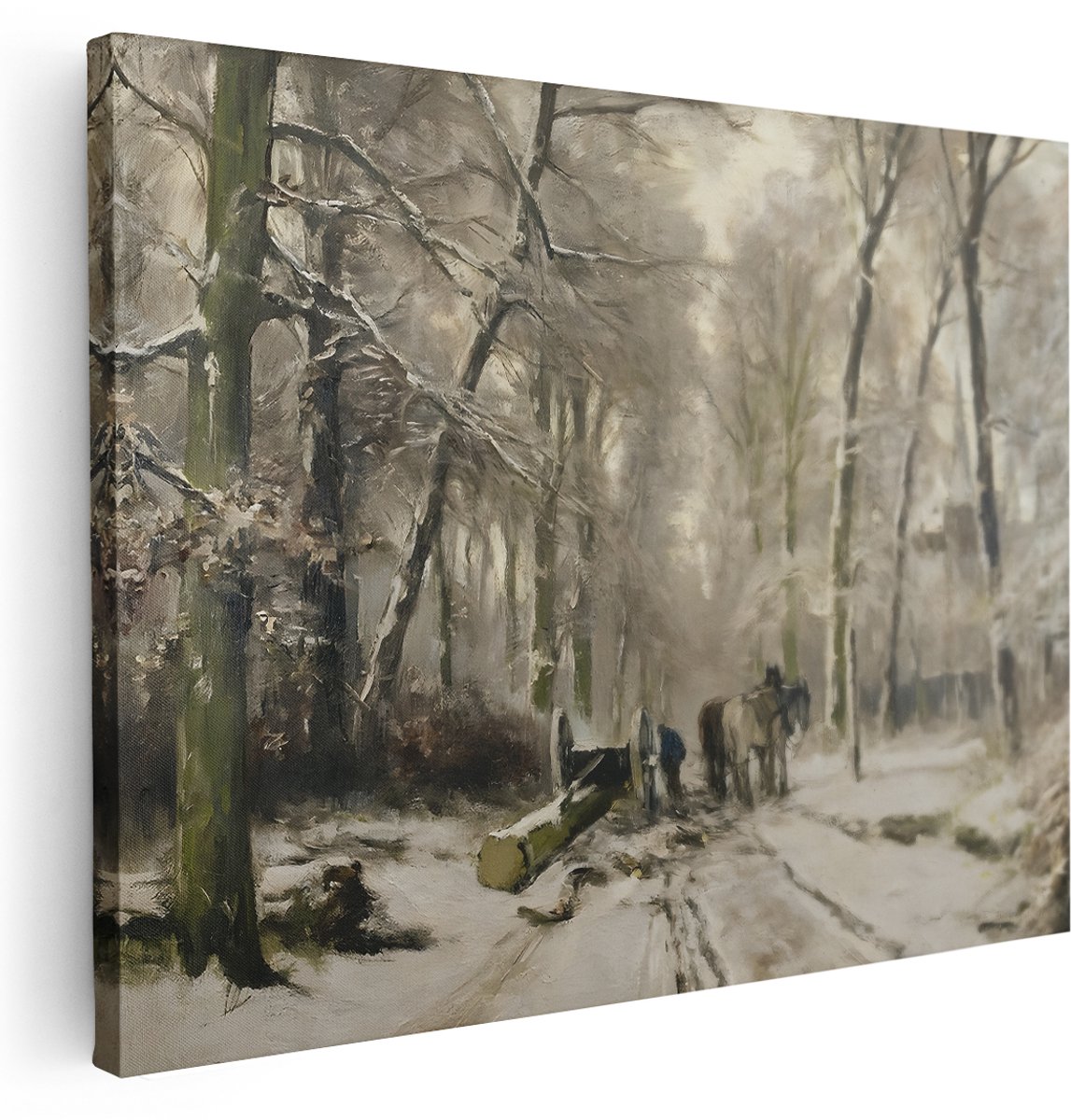 Artaza Canvas Schilderij Besneeuwd Bos - 160x120 cm - Groot - Wanddecoratie Paarden - Muurdecoratie Winter Natuur - Schilderijen Op Canvas