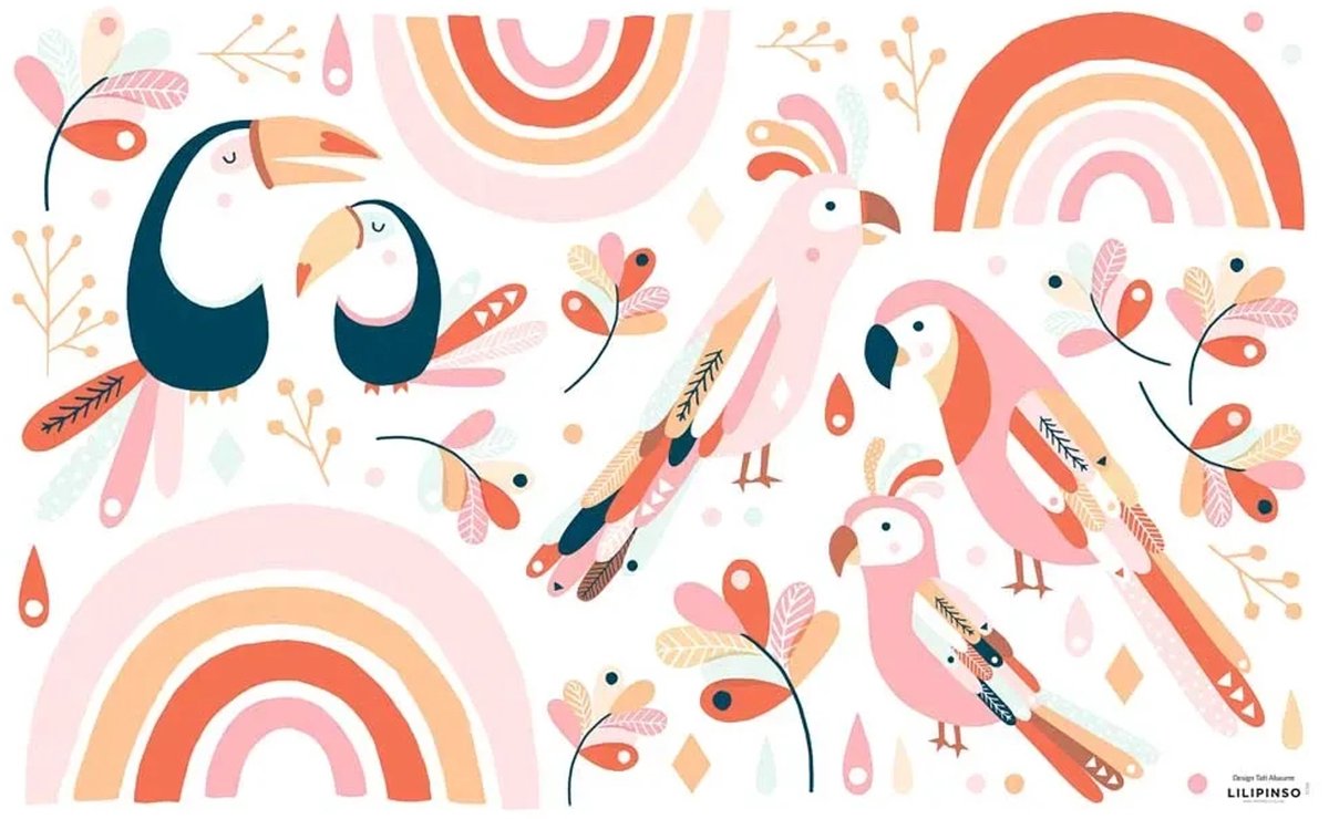 Lilipinso muursticker M vogels met regenboog roze pastel