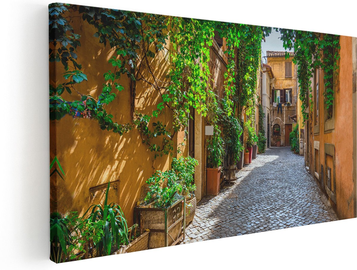 Artaza Canvas Schilderij Straatje in Rome met Groene Planten - 180x90 cm - Groot - Wanddecoratie Woonkamer - Schilderijen - Muurdecoratie