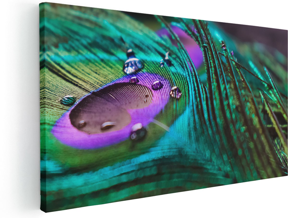 Artaza Canvas Schilderij Kleurrijke Pauw Veer Met Waterdruppels - 180x90 cm - Groot - Wanddecoratie Woonkamer - Schilderijen - Muurdecoratie
