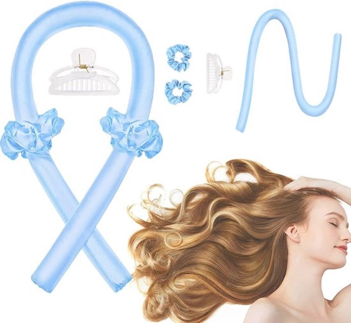 Warmteloze Krulstang Hoofdband - Haarkruller Slaapkruller - Haar Krullen - Zonder Hitte Beschadiging - 100 cm - Blauw