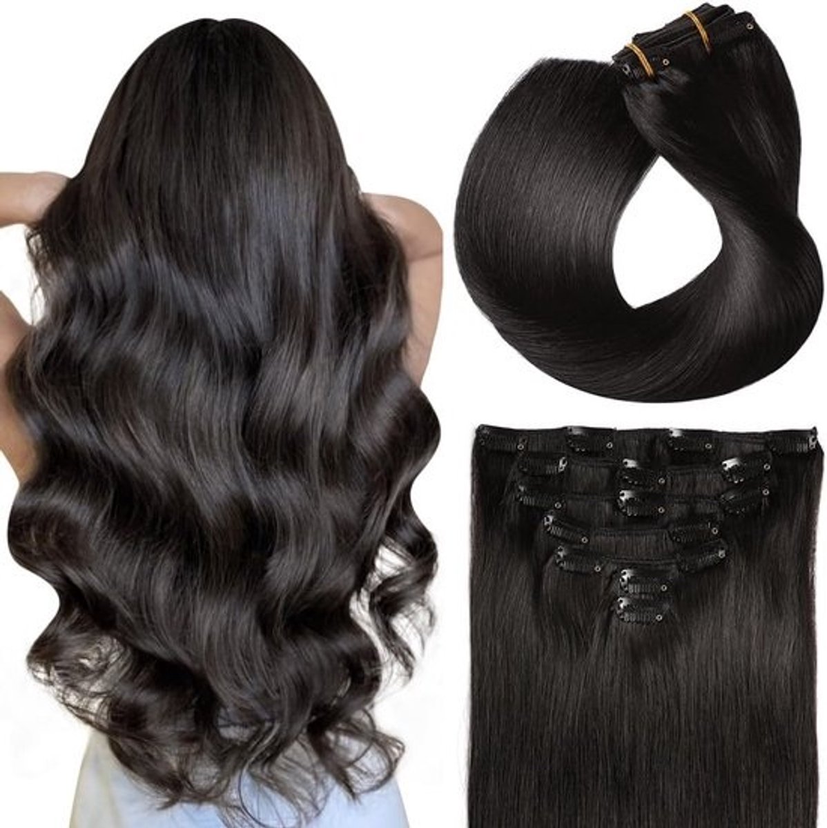 Set van 7 Human Hair Clip-in Extensions 51 cm Real Haarverlenging