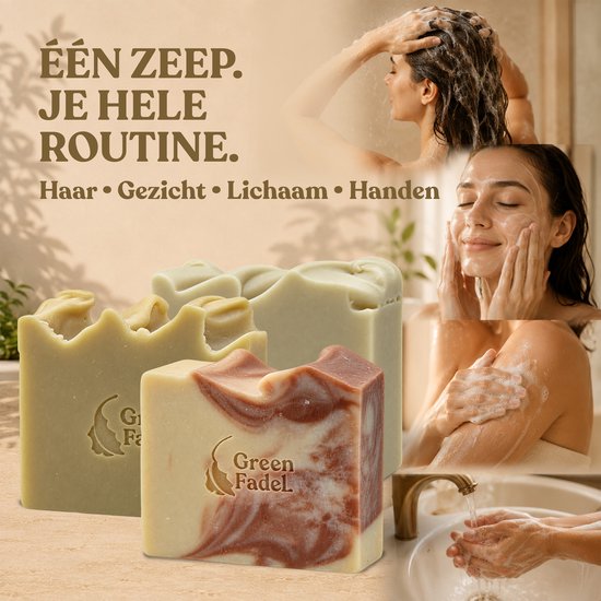 Montage van drie zepen en vrouwen die hun haar wassen, gezicht reinigen, lichaam inzepen en handen wassen.