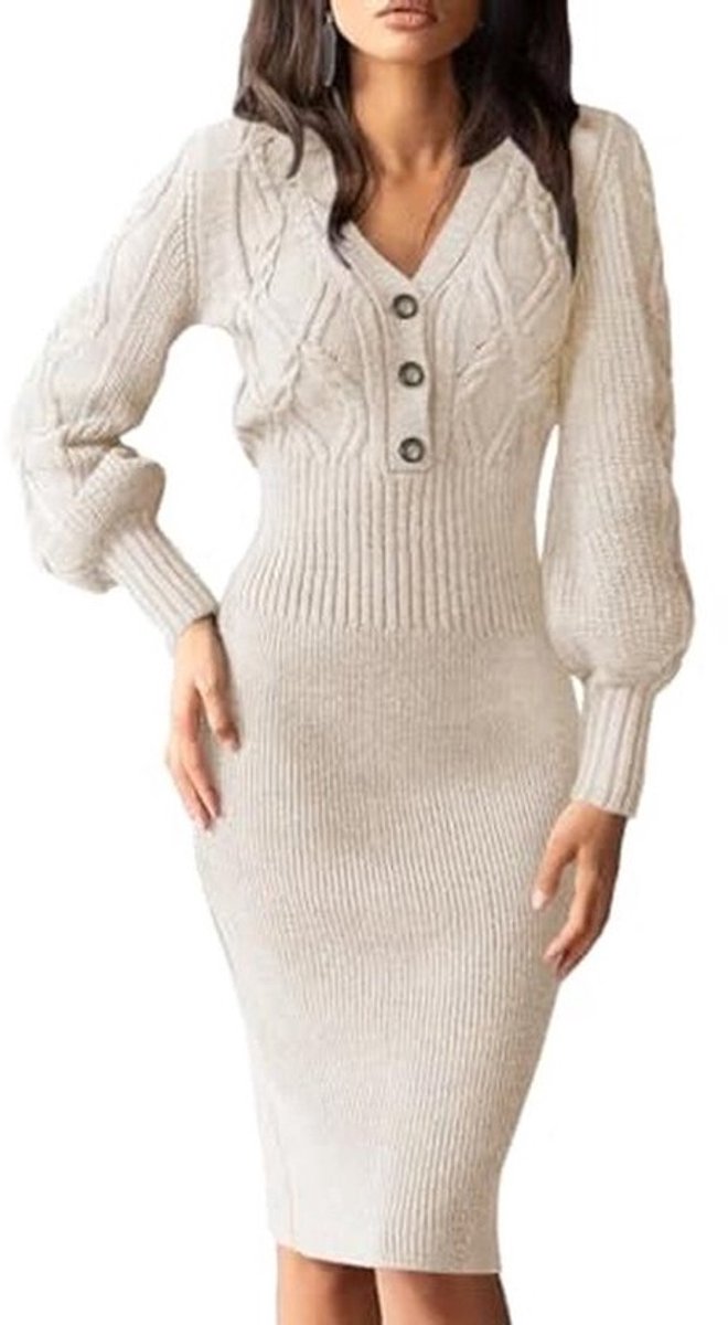Elegante V-hals Trui-jurk voor Dames - Lange Mouwen, Knielang en Warme Midi-jurk voor Herfst en Winter
