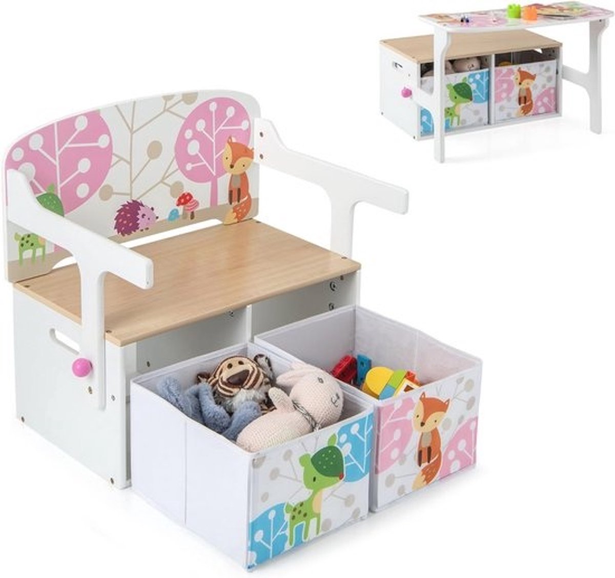 3-in-1 Kinderbank met Opbergruimte en Bureau - Houten Zitkist voor Kinderen 3-7 Jaar - Roze