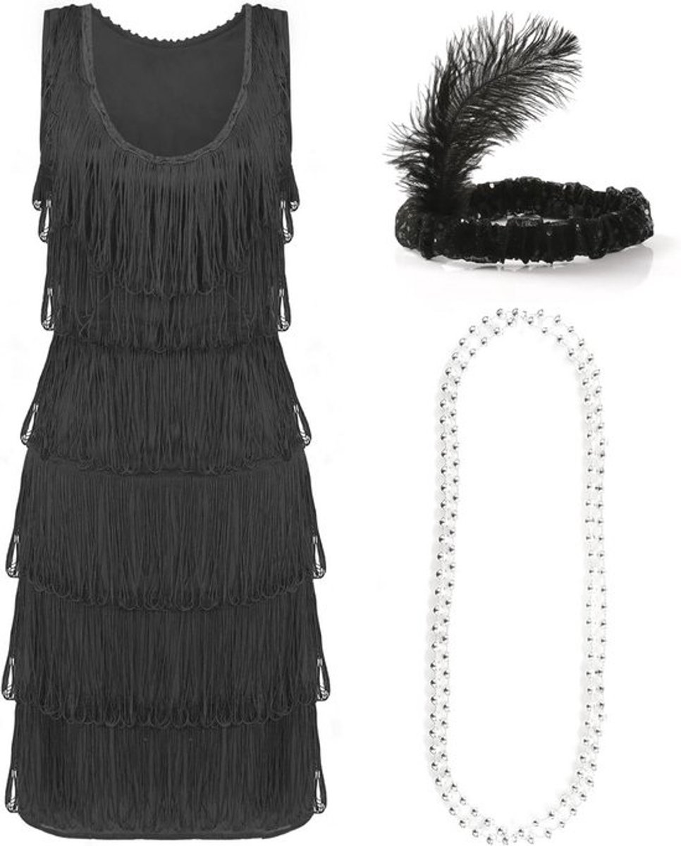 Luxe flapper jurk voor dames - Zwarte 1920's kostuum met bijpassende pailletten hoofdband en zilveren parelketting