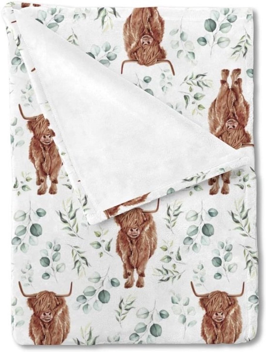 Neutrale Hoofddeken voor Baby's en Peuters - Zachte Flanellen Fleece Deken met Koe en Eucalyptus Bladeren