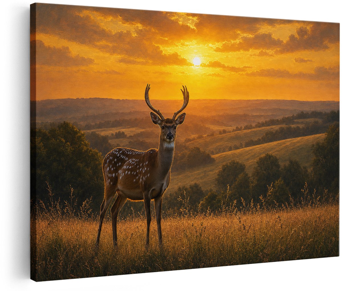 Artaza Canvas Schilderij Hert Bij Zonsopgang - Heuvels En Natuur - 150x100 cm - Groot - Wanddecoratie Woonkamer - Schilderijen - Muurdecoratie