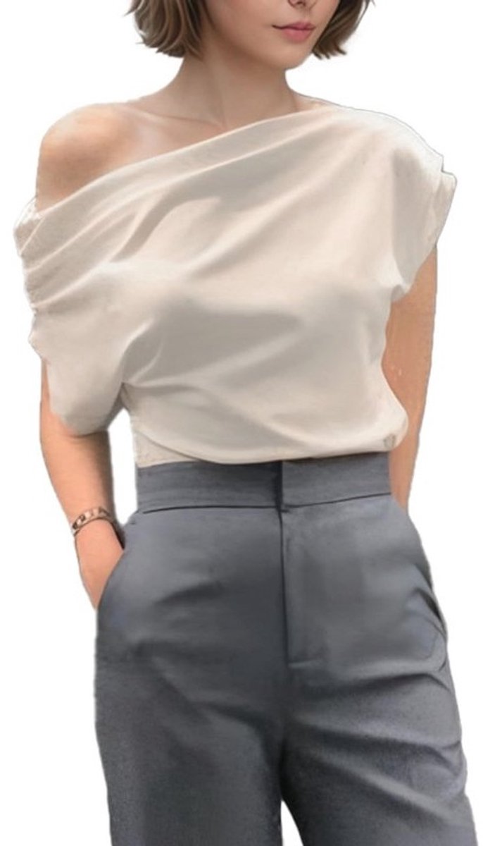 Asymmetrische Dames Top Met Ruches Korte Mouwen – Elegant Zomer Shirt voor Feesten