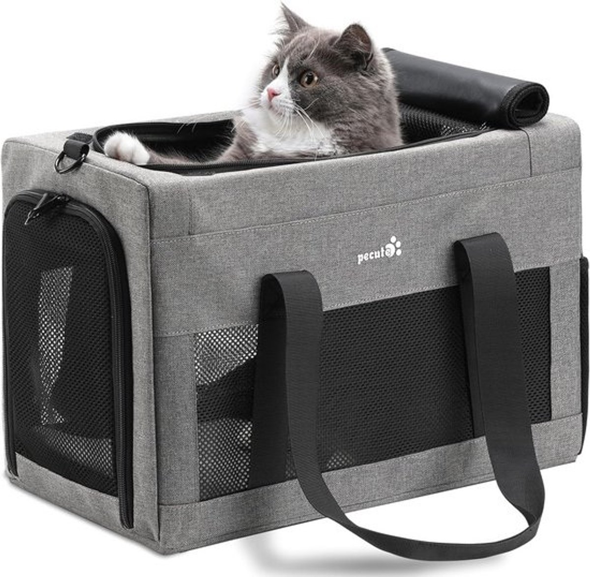 Cat Handbag voor Vliegtuig - Dikke Stalen Beugel, Ademend, Vouwbaar met Zonnenscherm, Geschikt voor Huisdieren tot 5kg (Grijs, Groot)