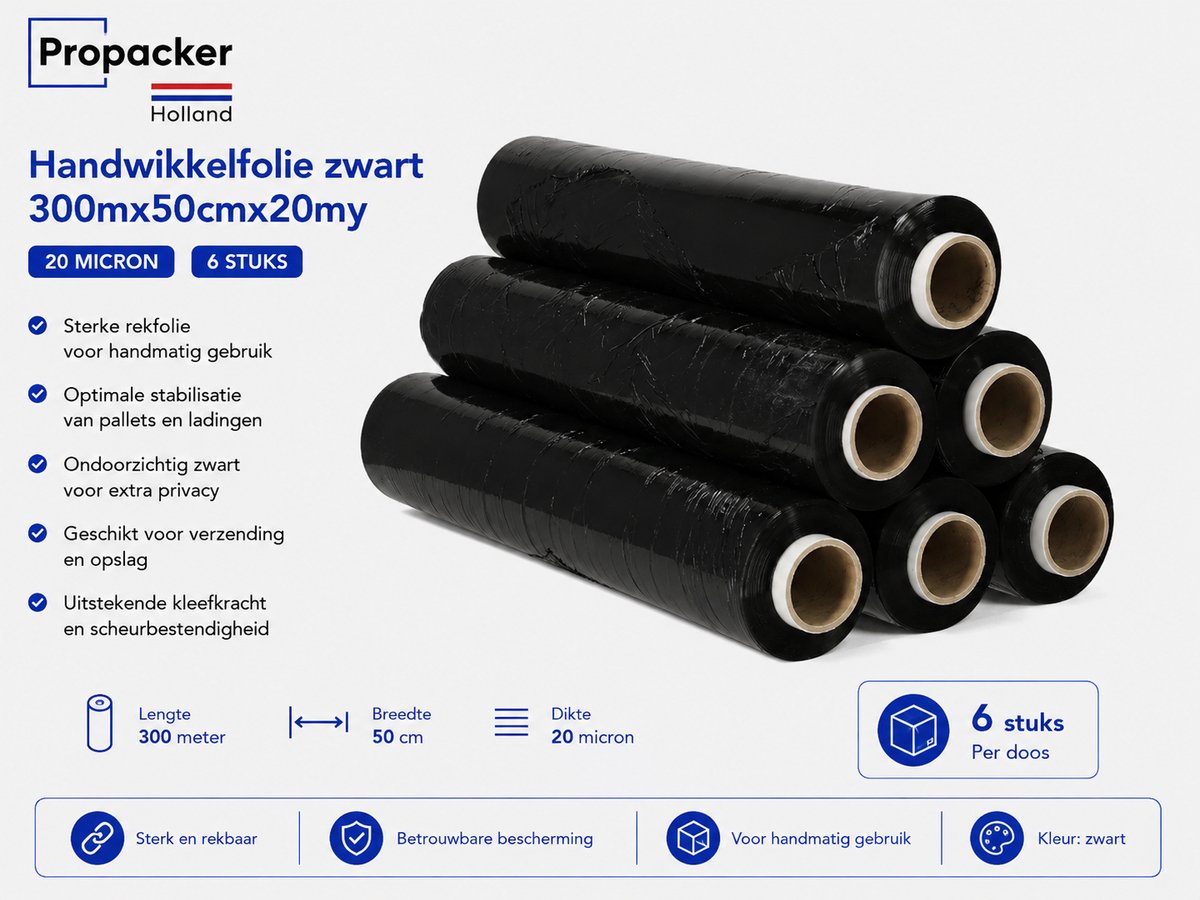 Handwikkelfolie Zwart 50 cm x 300 m x 20 Micron – 6 Rollen – Rekfolie voor Pallets – Stretchfolie - Propacker