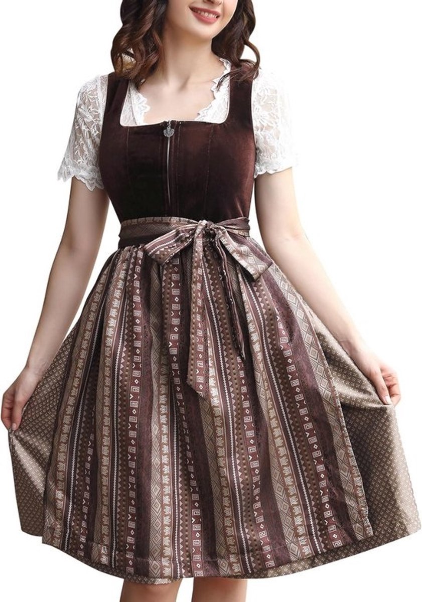 Fluwelen Midi Dirndl Jurk Set voor Dames – Traditionele 3-delige Outfit voor Oktoberfest
