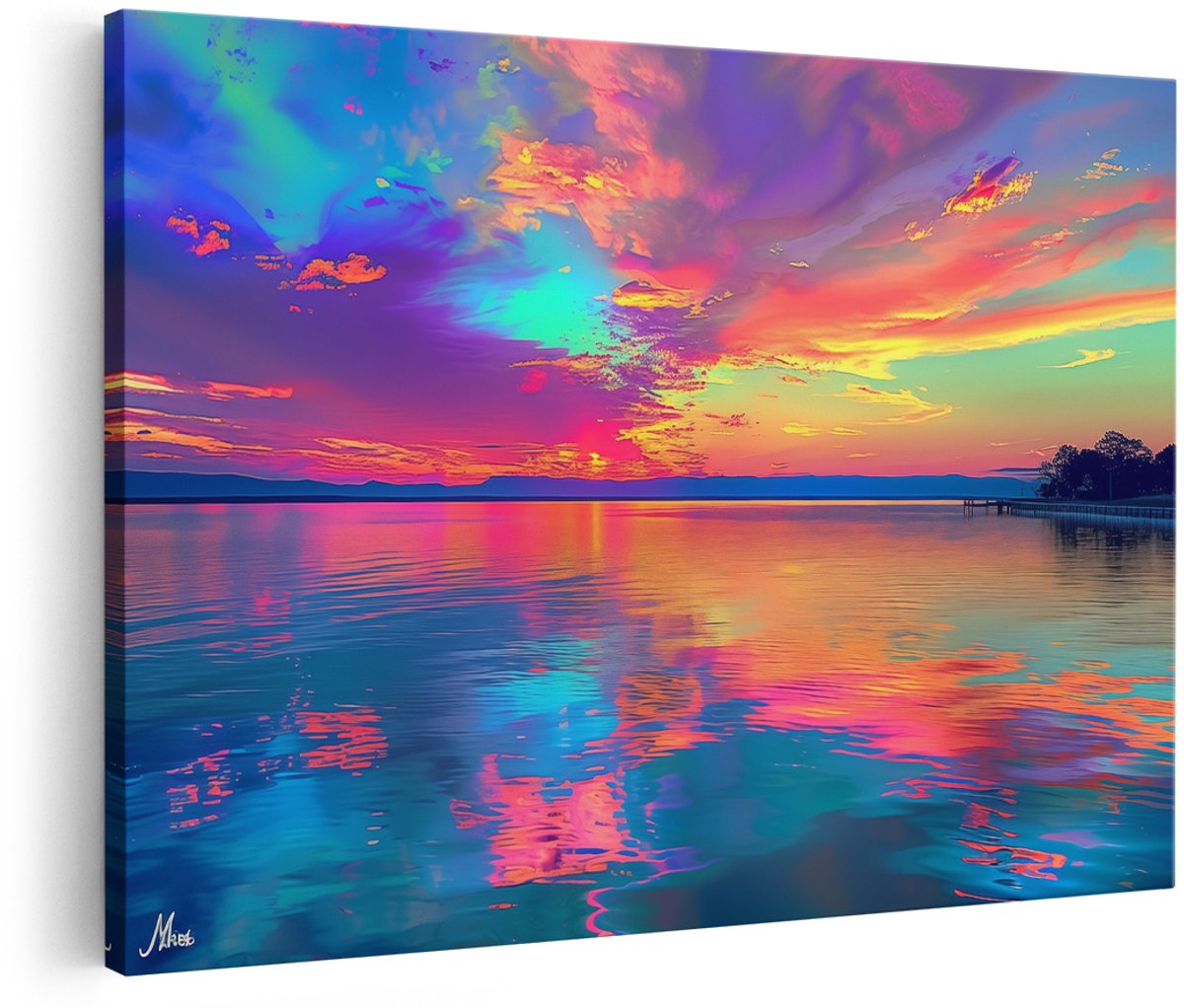 Artaza Canvas Schilderij Kleurrijke Zonsondergang over een Watermassa - 150x100 cm - Groot - Wanddecoratie Woonkamer - Schilderijen - Muurdecoratie