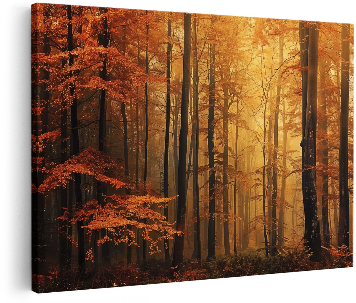 Artaza Canvas Schilderij Mistig Herfst Bos - 150x100 cm - Groot - Wanddecoratie Woonkamer - Schilderijen - Muurdecoratie