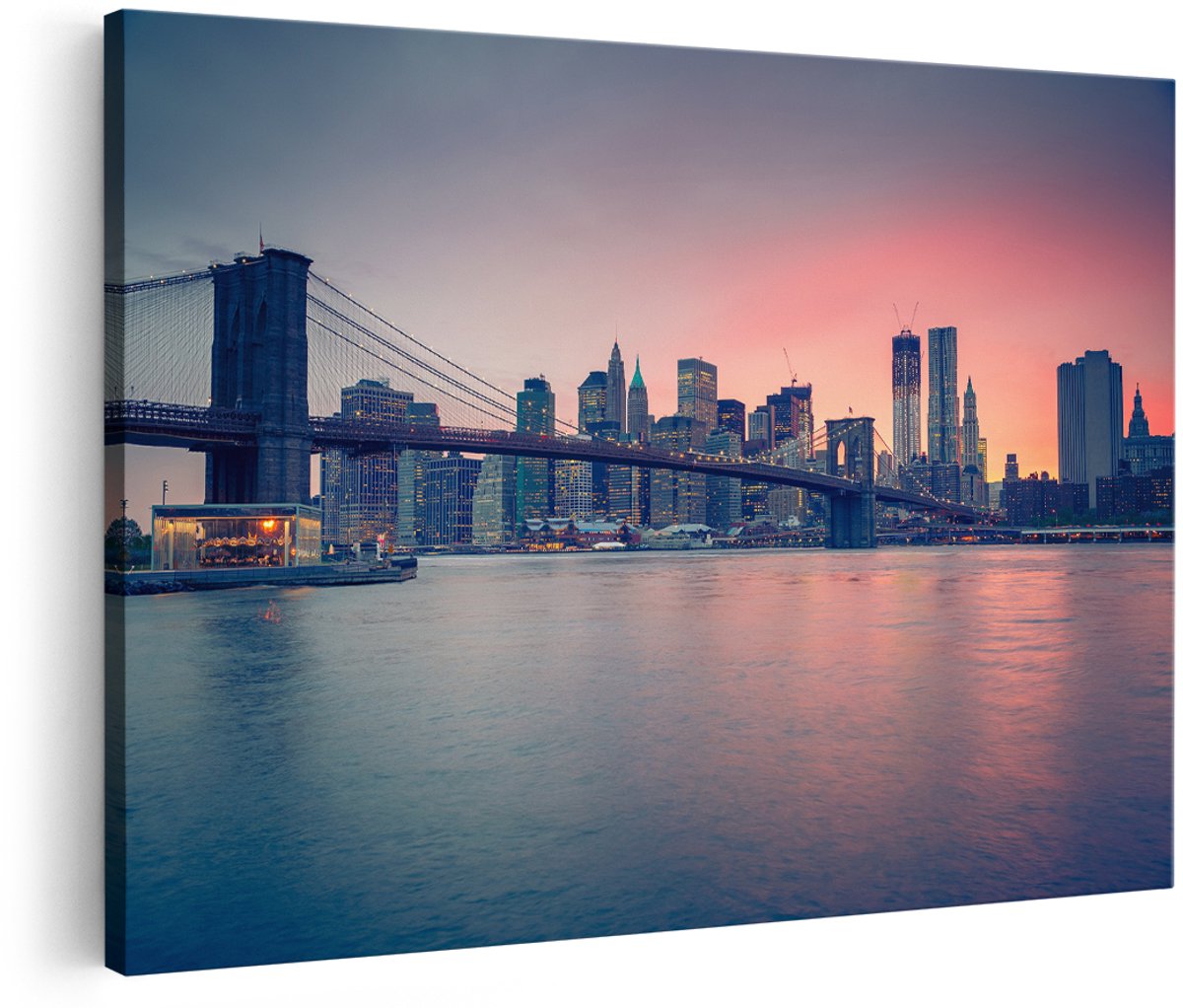 Artaza Canvas Schilderij New York Brooklyn Brug Bij Zonsondergang - 150x100 cm - Groot - Wanddecoratie Woonkamer - Schilderijen - Muurdecoratie