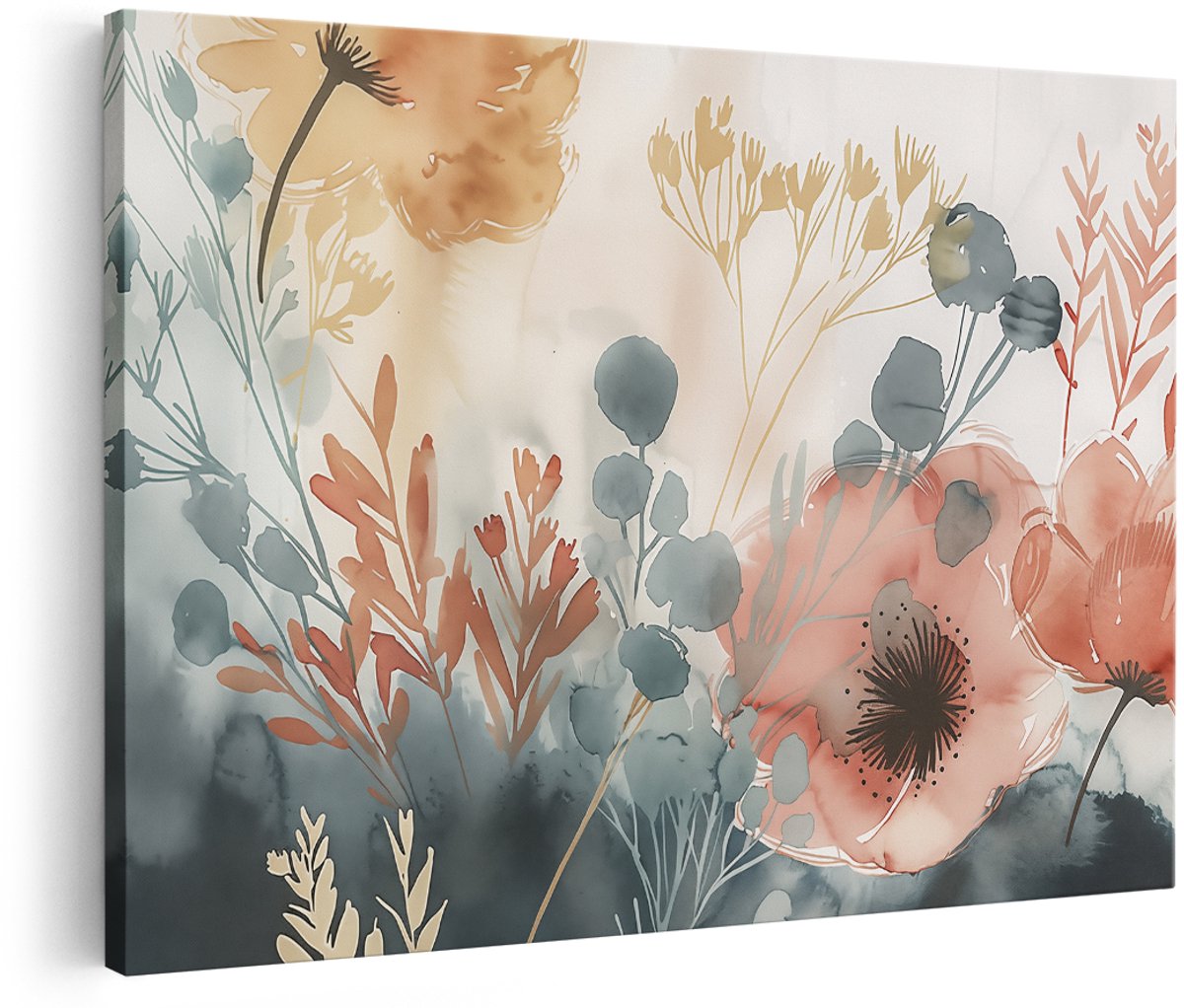 Artaza Canvas Schilderij Aquarelkunstwerk van Bloemen - 150x100 cm - Groot - Wanddecoratie Woonkamer - Schilderijen - Muurdecoratie