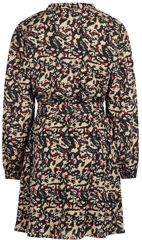 Achterkant van gele, beige en zwarte jurk met rode accenten. Abstracte print. Lange mouwen.