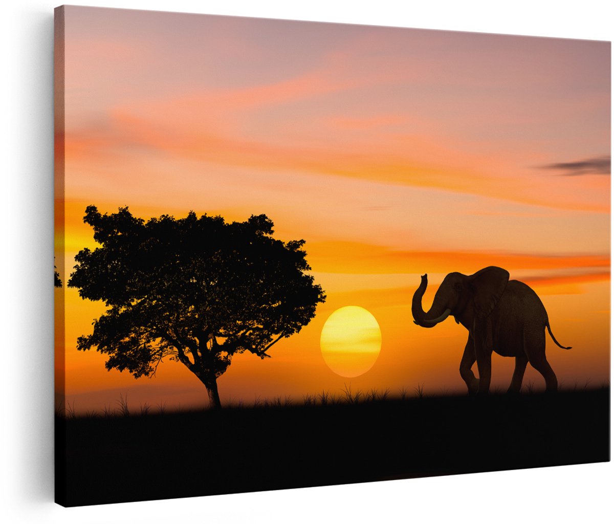 Artaza Canvas Schilderij Olifant Silhouet Tijdens Zonsondergang - 150x100 cm - Groot - Foto Op Canvas - Wanddecoratie Woonkamer