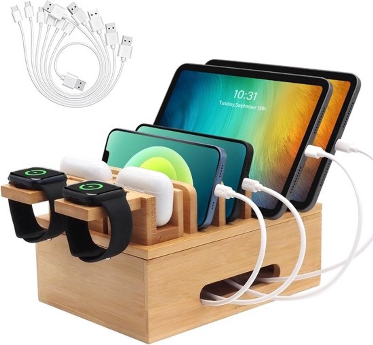 Houten Laadstation Organizer voor Meerdere Apparaten - Oplaaddoc voor Telefoons, Tablets, Horloges & Oortjes
