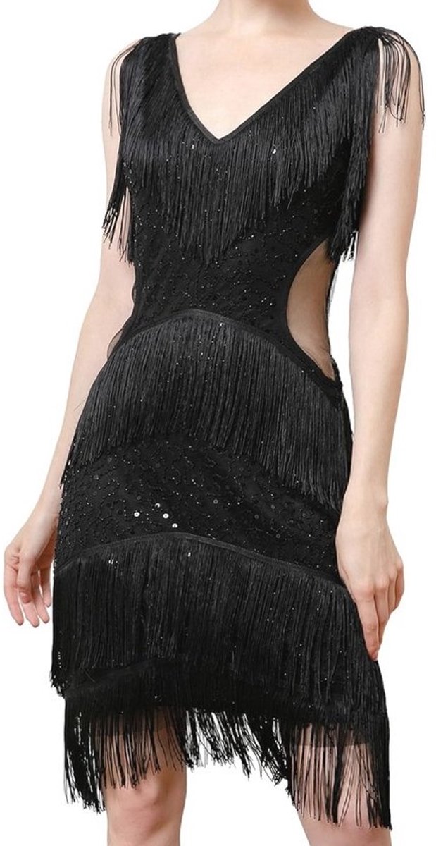 Franje jurk voor dames in jaren 20 stijl - Glitters, Pailletten en Sleevless V-hals voor Feestjes