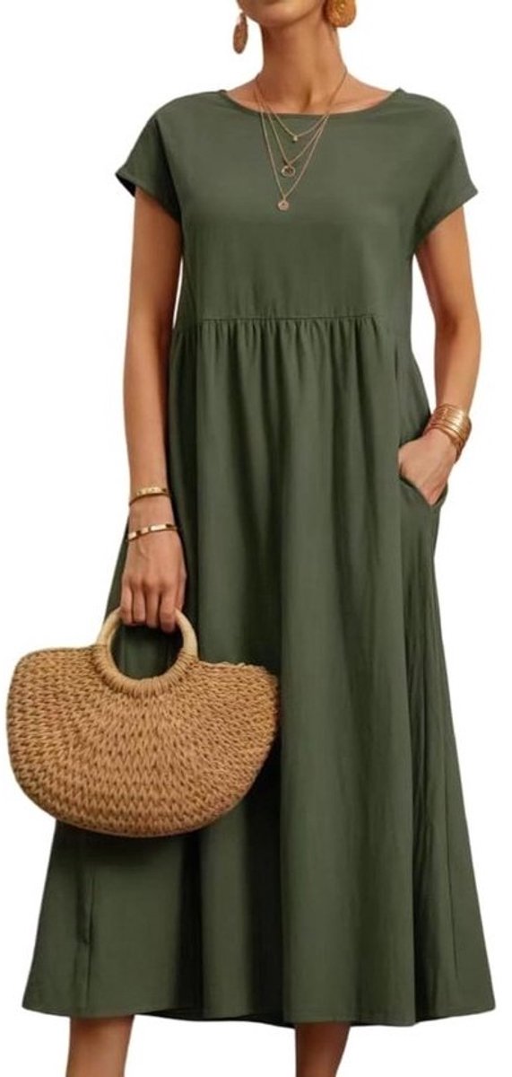 Casual Zomerjurk Dames met Zakken - Elegante Midi- en Wikkeljurk voor Lente en Herfst