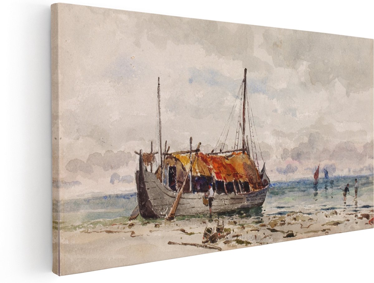 Artaza Canvas Schilderij Strand - 140x70 cm - Groot - Wanddecoratie Zeezicht - Muurdecoratie Vissers Boot - Decoratie Landschap - Kamer Accessoires