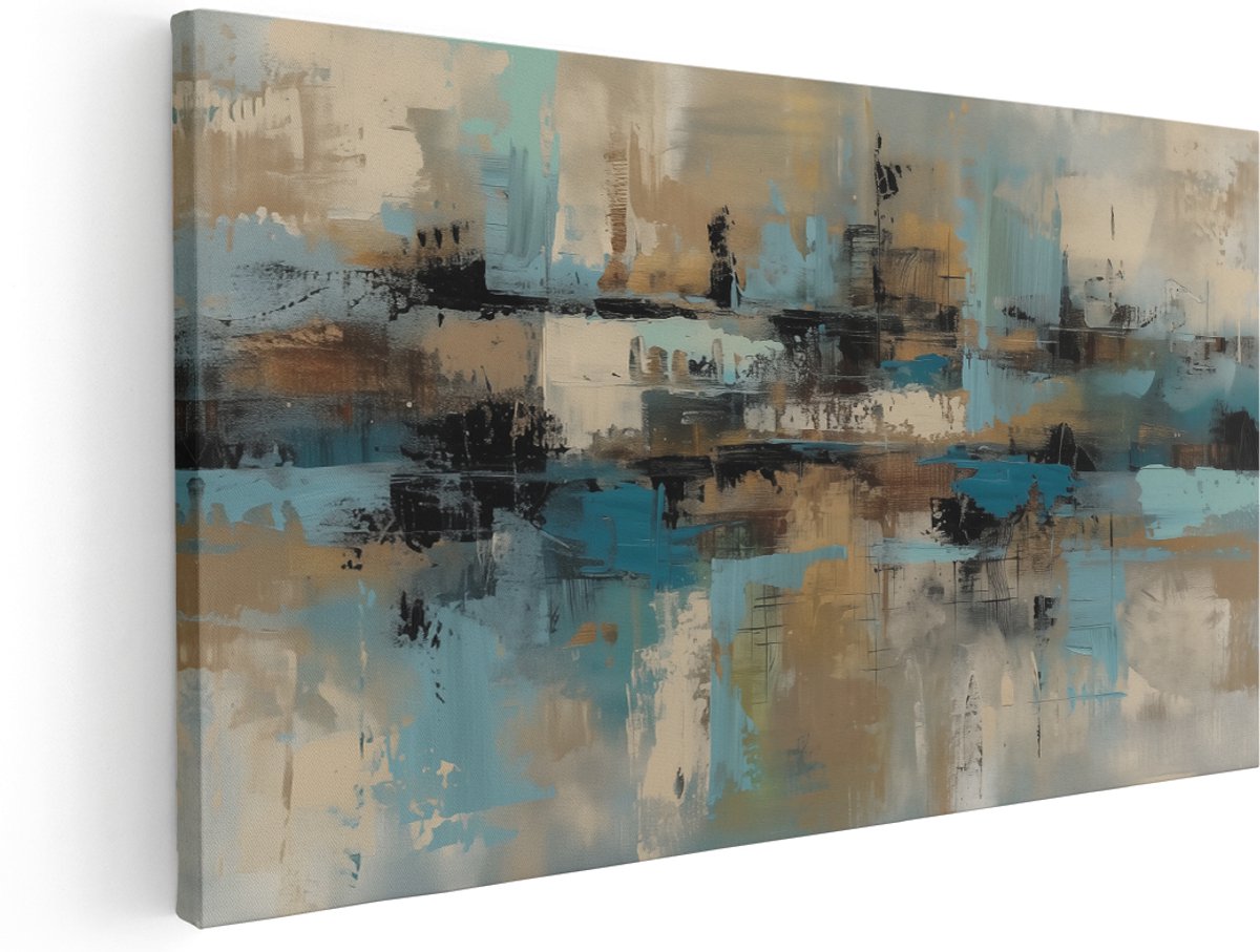Artaza Canvas Schilderij Abstract Blauw en Bruin - 140x70 cm - Groot - Klein - Wanddecoratie Woonkamer - Schilderijen - Muurdecoratie