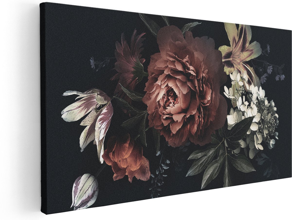 Artaza Canvas Schilderij Bloemen Op Een Zwart Achtergrond - 140x70 cm - Groot - Wanddecoratie Woonkamer - Schilderijen - Muurdecoratie