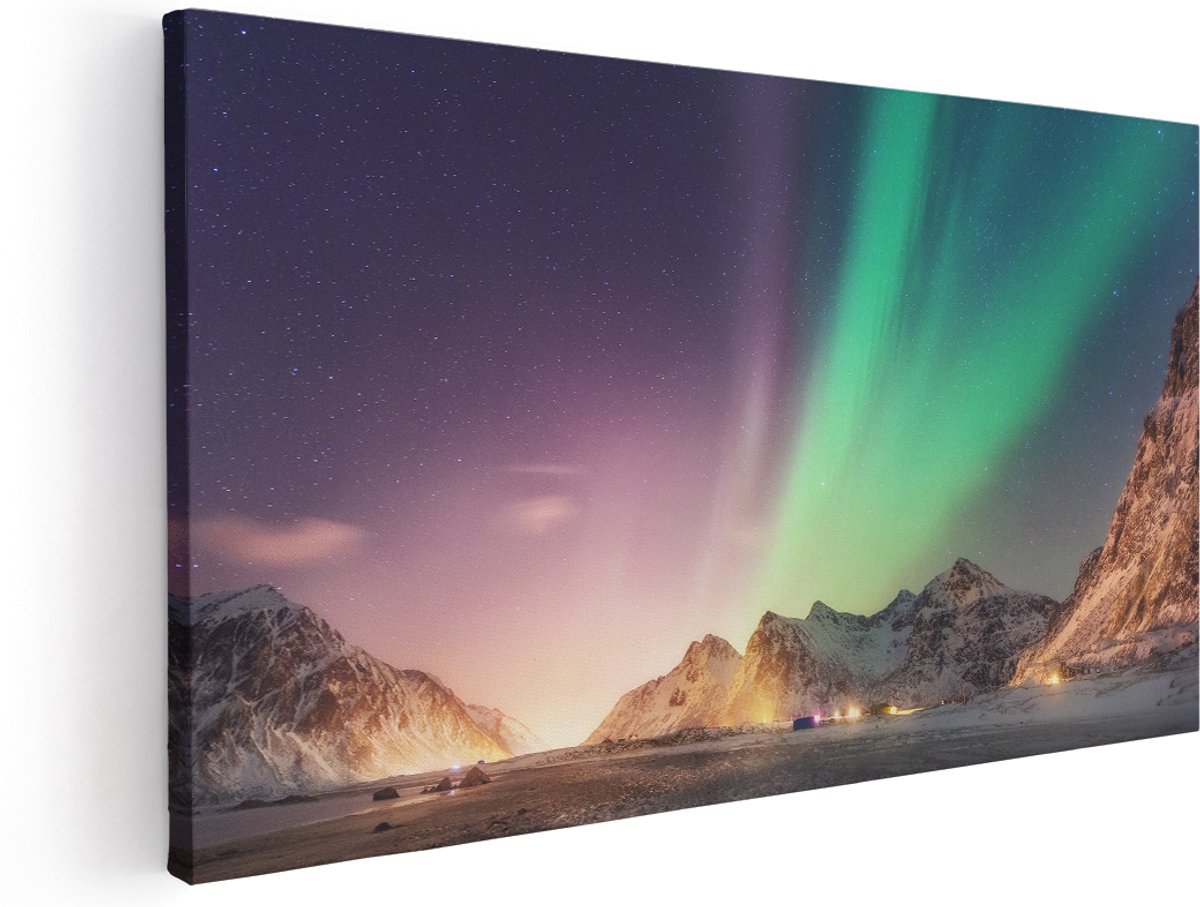 Artaza Canvas Schilderij Noorderlicht in de Bergen met Sneeuw - 140x70 cm - Groot - Wanddecoratie Woonkamer - Schilderijen - Muurdecoratie