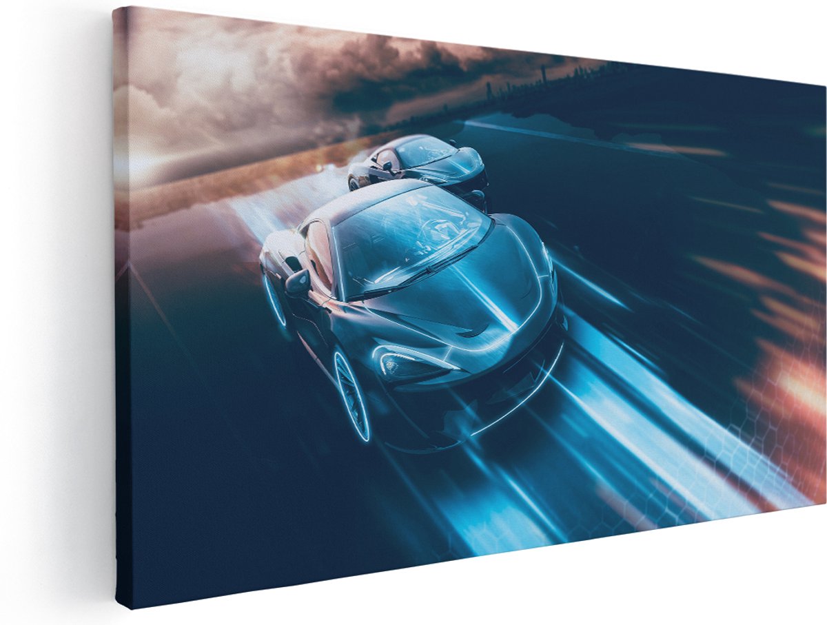 Artaza Canvas Schilderij Twee Raceauto's - Abstract - 140x70 cm - Groot - Wanddecoratie Woonkamer - Schilderijen - Muurdecoratie
