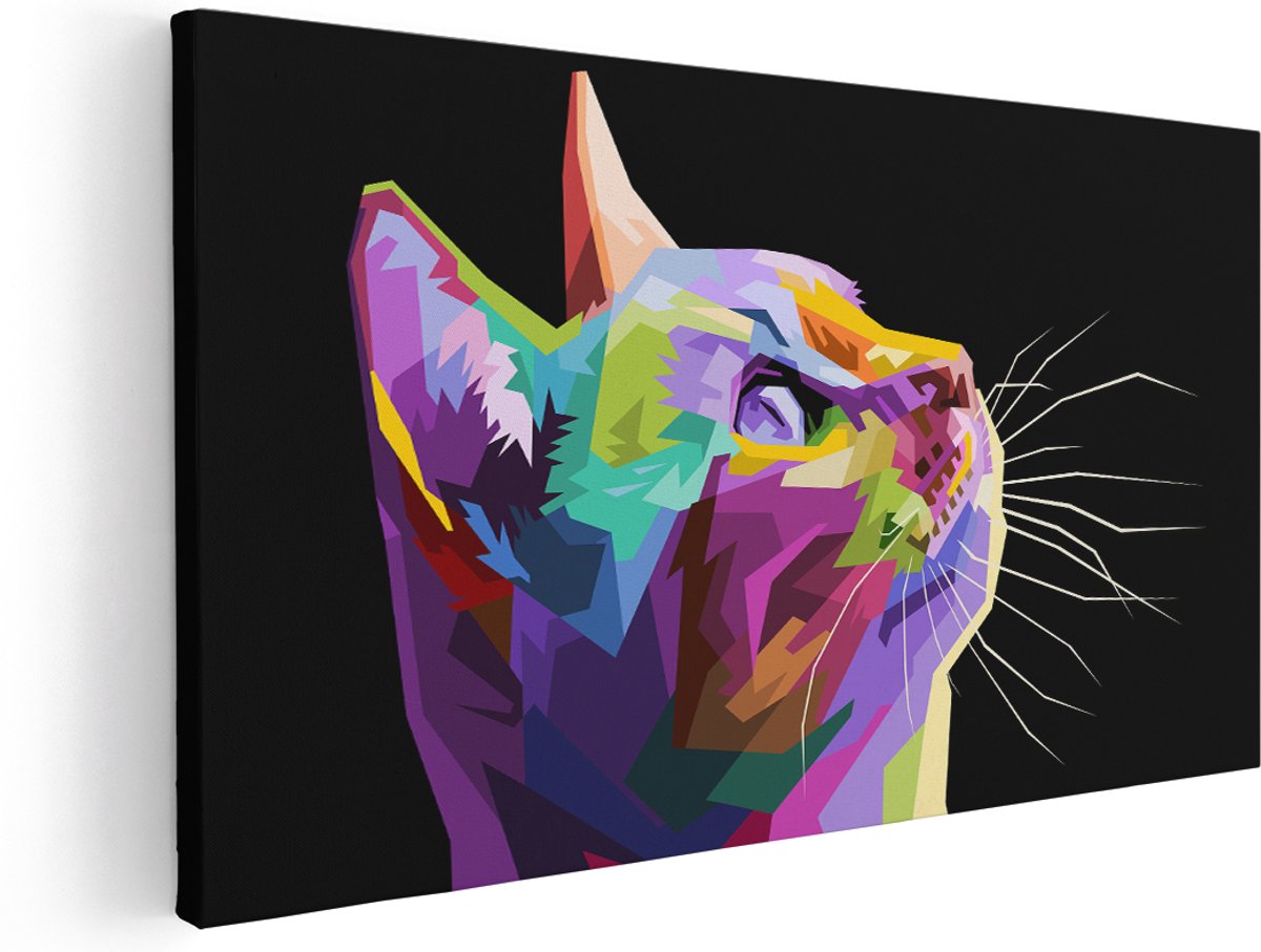 Artaza Canvas Schilderij Kleurrijke Kat Kijkt Naar Boven - Abstract - 140x70 cm - Groot - Wanddecoratie Woonkamer - Schilderijen - Muurdecoratie