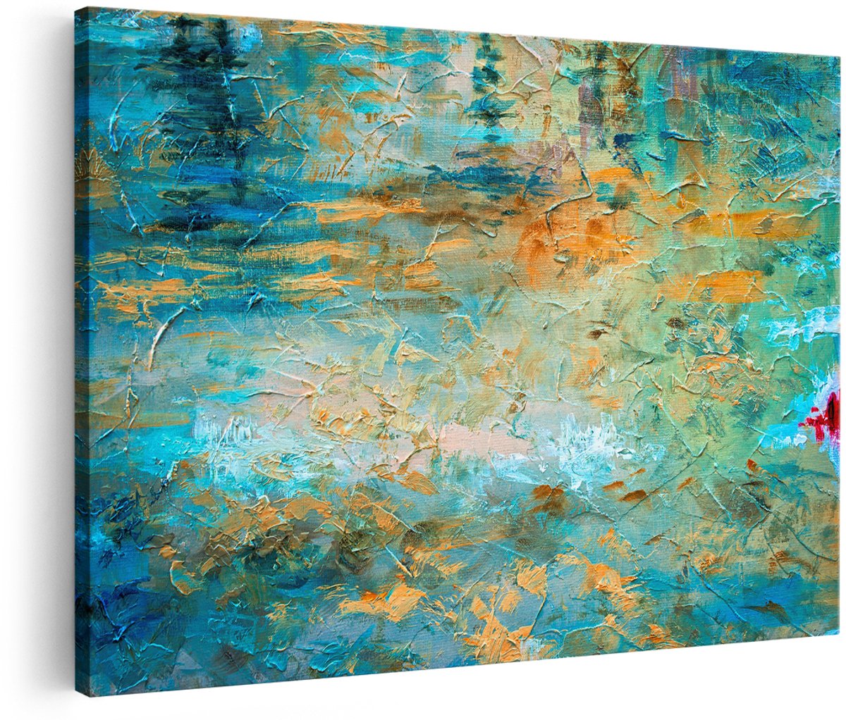 Artaza Canvas Schilderij Abstracte Kunst - Blauw Goud Acryl - 150x100 cm - Groot - Wanddecoratie Woonkamer - Schilderijen - Muurdecoratie