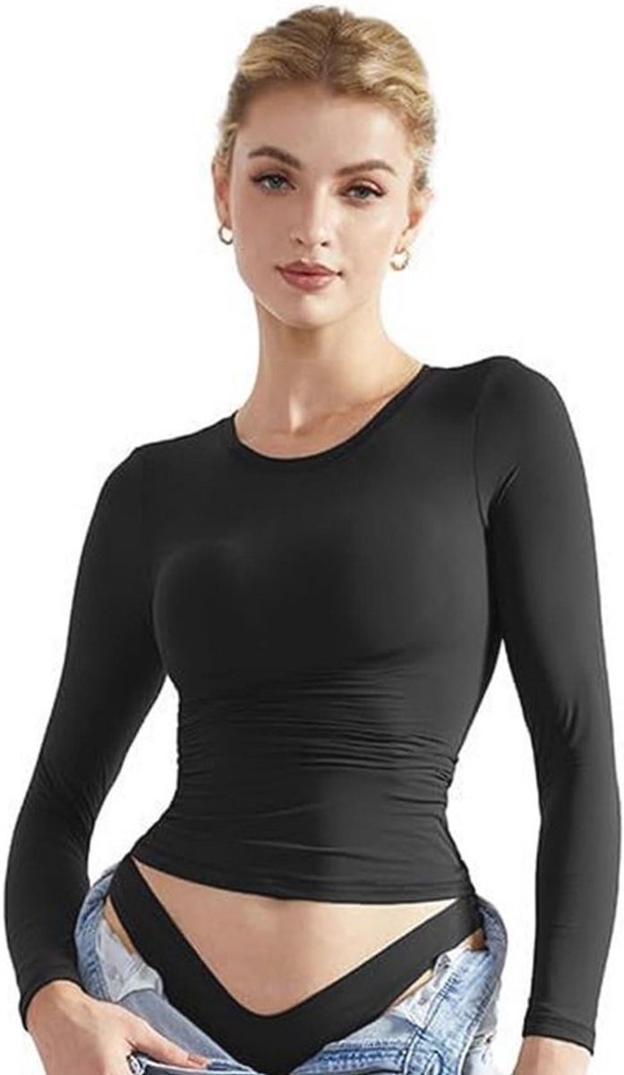 Getailleerd dames T-shirt met lange mouwen - Modieuze crop top met ronde hals