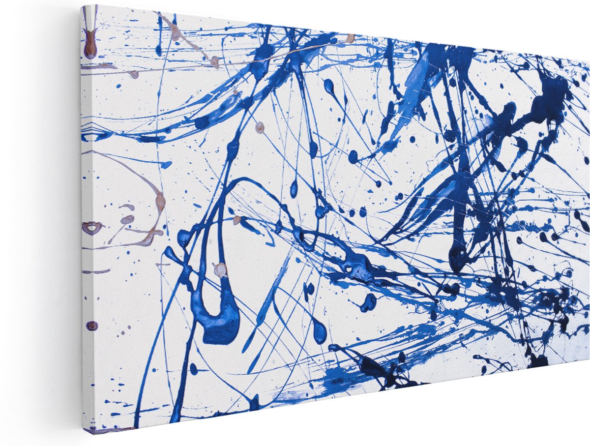 Artaza Canvas Schilderij Abstracte Kunst Blauwe Verf - 140x70 cm - Groot - Wanddecoratie Woonkamer - Schilderijen - Muurdecoratie