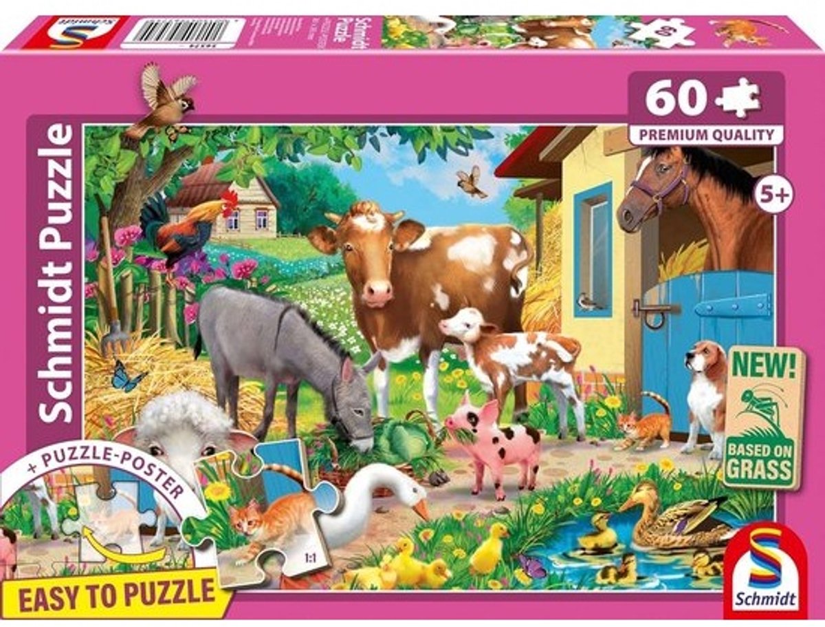 Boerderijdieren Puzzel 60 Stukjes voor Kinderen - Duurzaam Grasbord