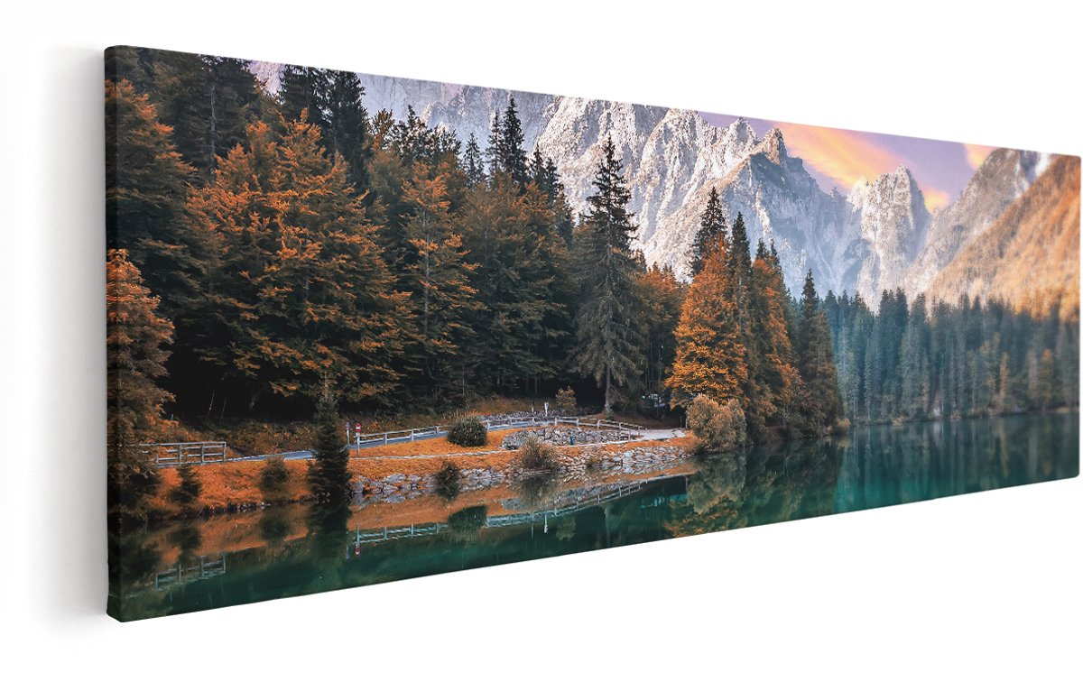 Artaza Canvas Schilderij Meer Met Weerspiegeling Van De Bergen - 150x50 cm - Groot - Wanddecoratie Woonkamer - Schilderijen - Muurdecoratie