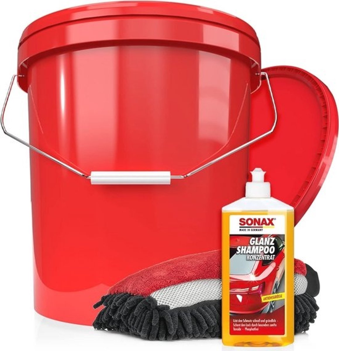 Autowas set - Glansshampoo, Wasemmer met Deksel, Washandschoen en Microvezel Doek - Complete Autoreinigingsset voor Buiten