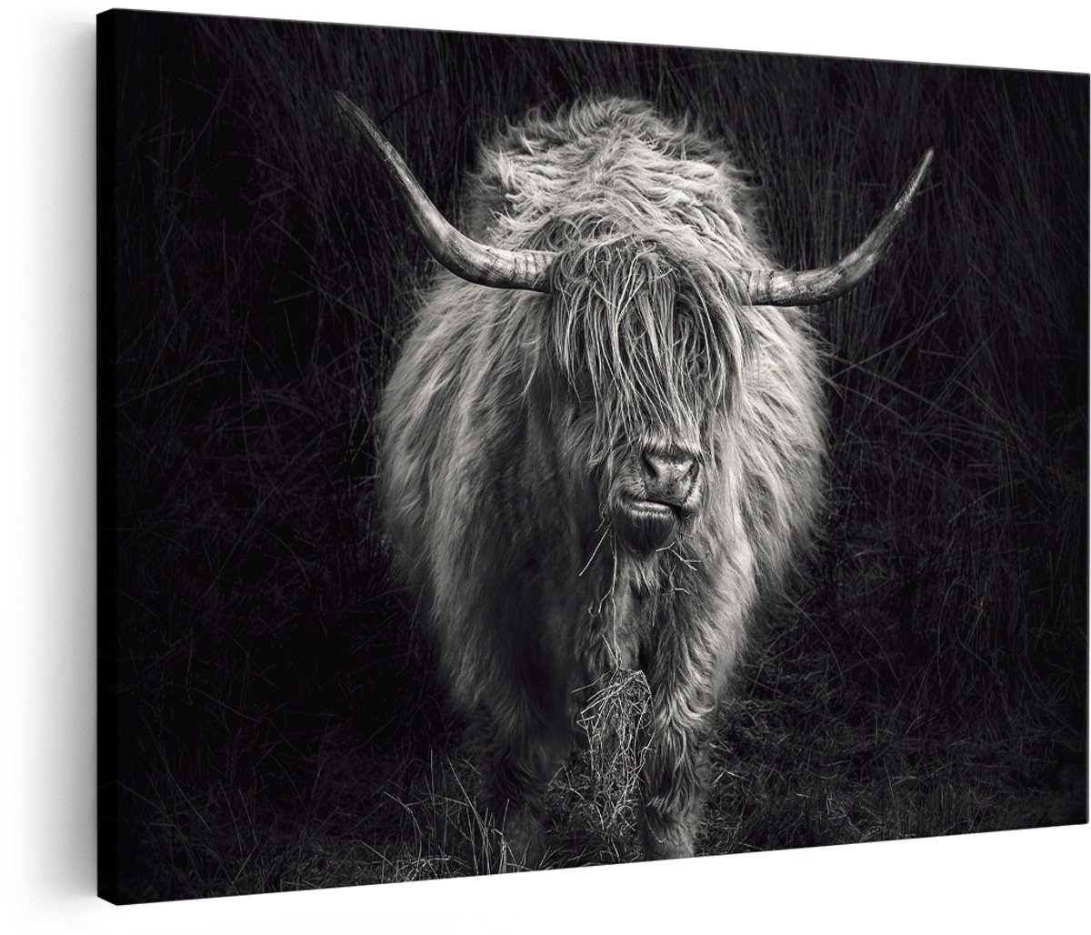 Artaza Canvas Schilderij Schotse Hooglander Koe - Zwart Wit - 150x100 cm - Groot - Foto Op Canvas - Wanddecoratie Woonkamer