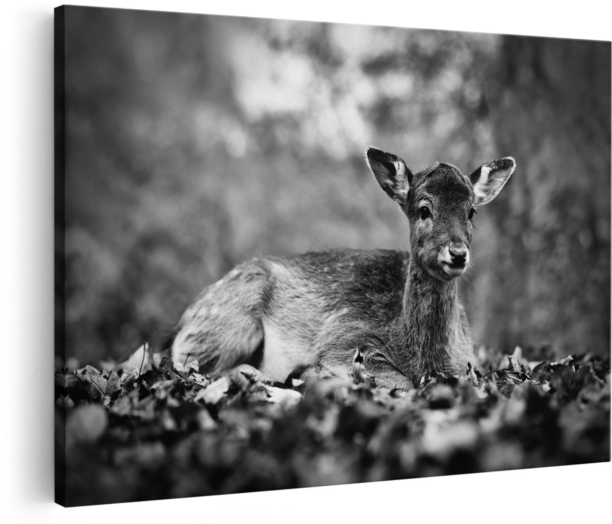 Artaza Canvas Schilderij Baby Hert tussen de Bladeren in een Herfst Bos - Zwart Wit - 150x100 cm - Groot - Foto Op Canvas - Wanddecoratie