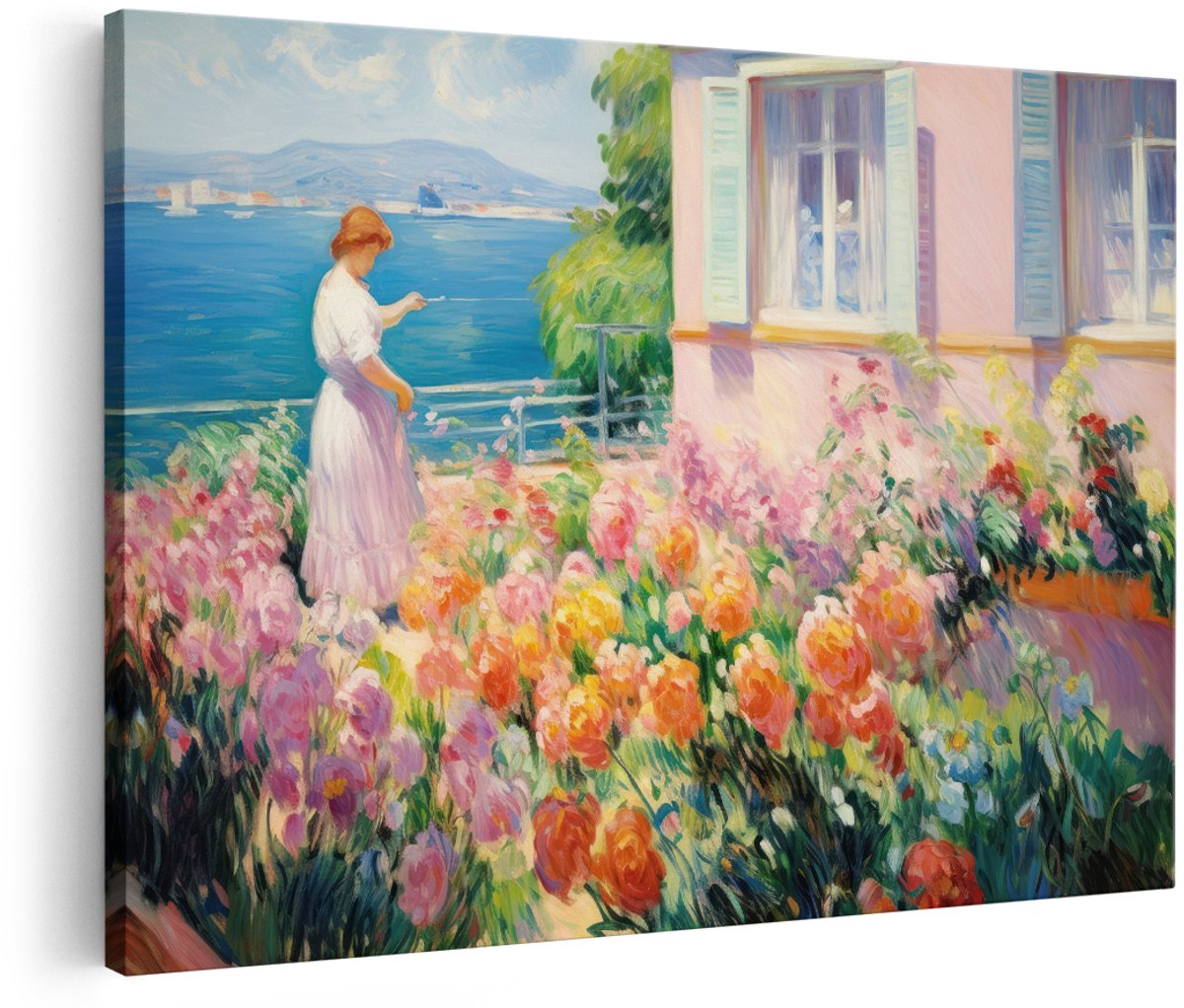 Artaza Canvas Schilderij Vrouw In Tuin - 150x100 cm - Groot - Wanddecoratie Bloemen - Muurdecoratie Impressionisme - Decoratie Zee - Roze