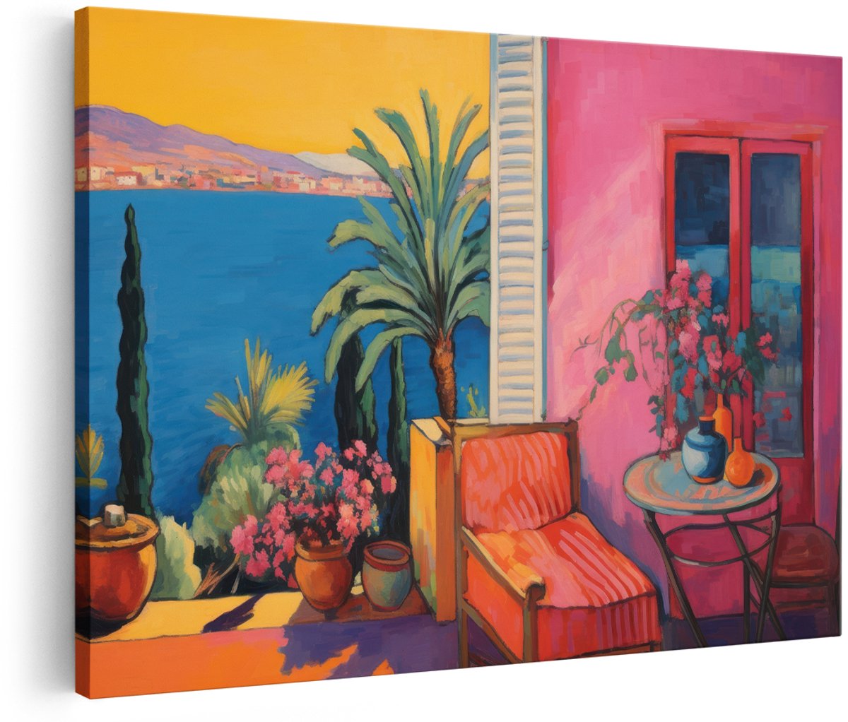 Artaza Canvas Schilderij Mediterraan Terras - 150x100 cm - Groot - Wanddecoratie Zee - Muurdecoratie Landschap - Decoratie Woonkamer - Kleurrijk